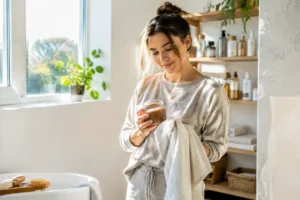 Femme en tenue décontractée tenant un soin de beauté pour une épilation maillot classique à la maison