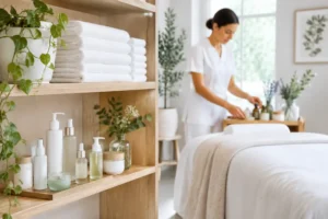 Ambiance épurée d'un salon de beauté spécialisé dans l'épilation maillot échancré avec serviettes et produits