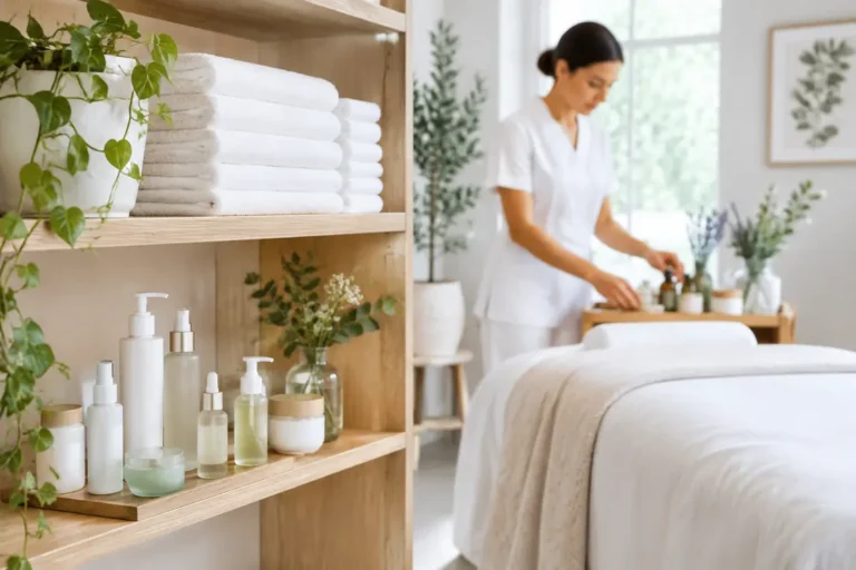Ambiance épurée d'un salon de beauté spécialisé dans l'épilation maillot échancré avec serviettes et produits