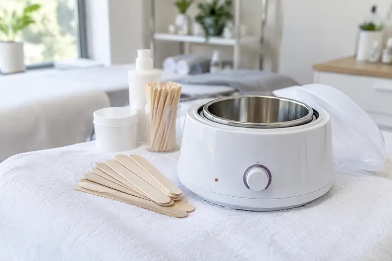 Chauffe-cire professionnel et spatules en bois disposés pour préparer l'épilation