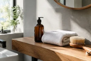 Produits de soin et accessoires de rassemblement pour une épilation maillot homme posés sur une étagère