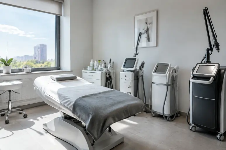 Salle de soin équipée d'un appareil laser dans un centre esthétique moderne.