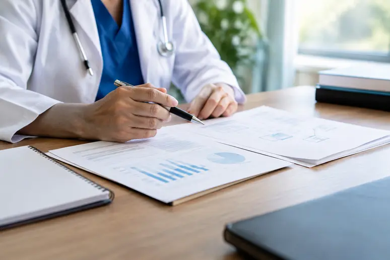 Professionnelle de santé consultant les documents d'un programme de formation esthétique.