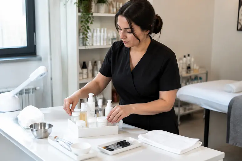 Apprenante préparant son poste de travail pour une formation soin du visage