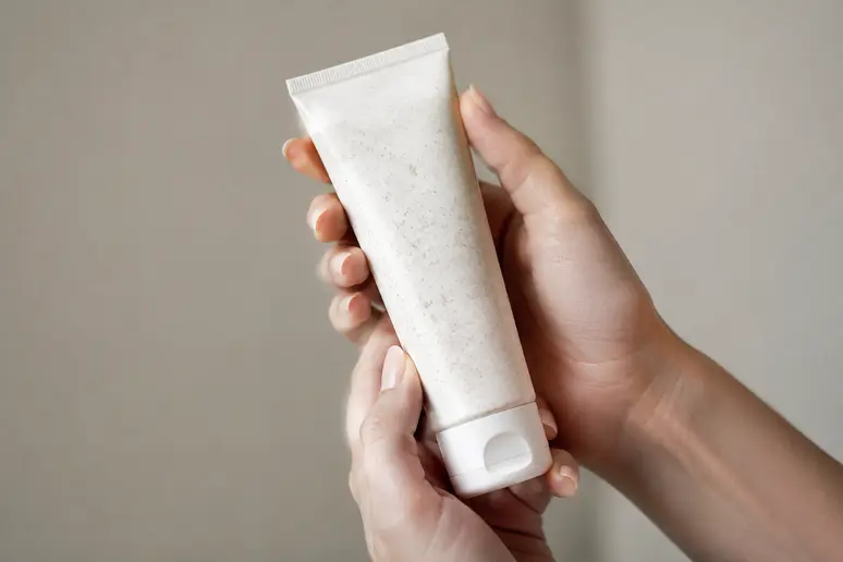 Tube de crème exfoliante douce posé pour apaiser un gros bouton après épilation du maillot.