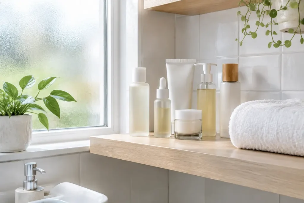 Flacons de soins de la peau et serviette sur une étagère de salle de bain pour traiter un gros bouton après épilation maillot