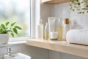 Flacons de soins de la peau et serviette sur une étagère de salle de bain pour traiter un gros bouton après épilation maillot